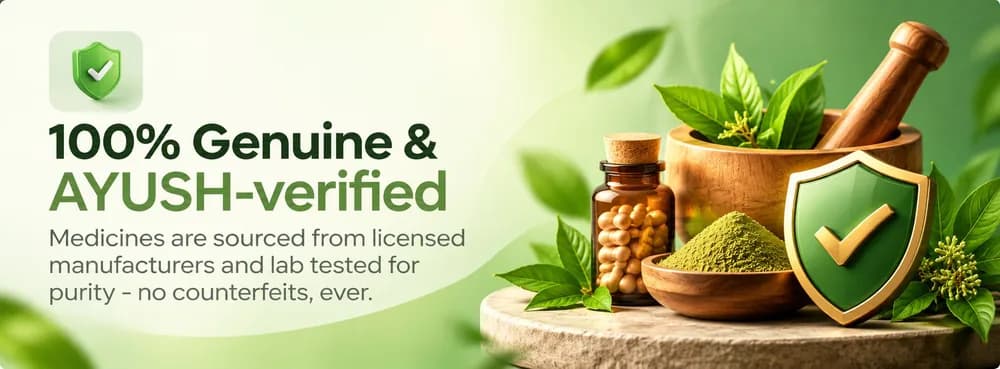 100% Genuine & AYUSH-verified. Every medicine is sourced from licensed manufacturers and lab-tested for purity — no counterfeits, ever.